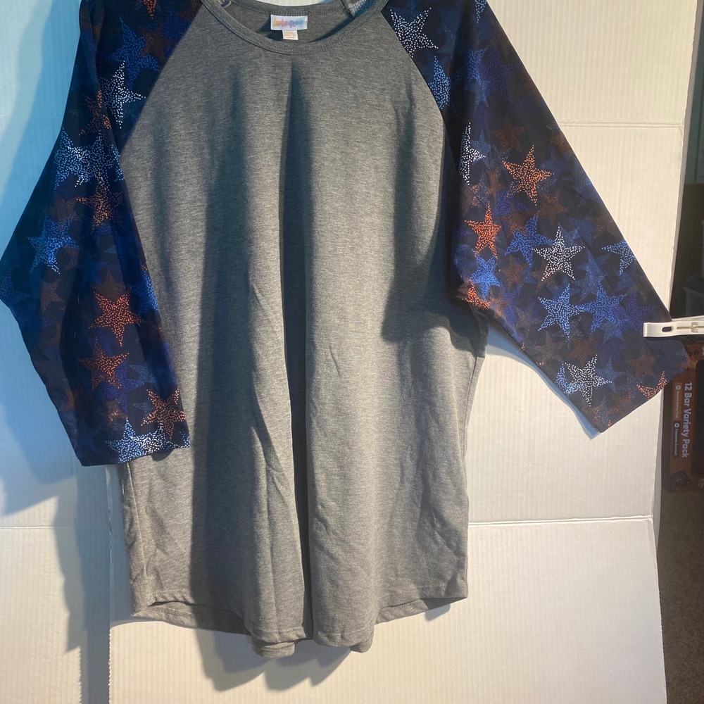 LuLaRoe Randy Baseball Tee Womens 3XL Gray Navy Blue Orange Star Raglan Shirt